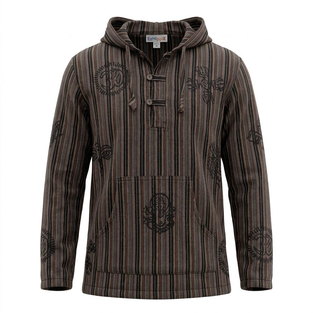 EzHippie Brown Striped Ganesha Print Hooded Pullover Sweater Women Size M